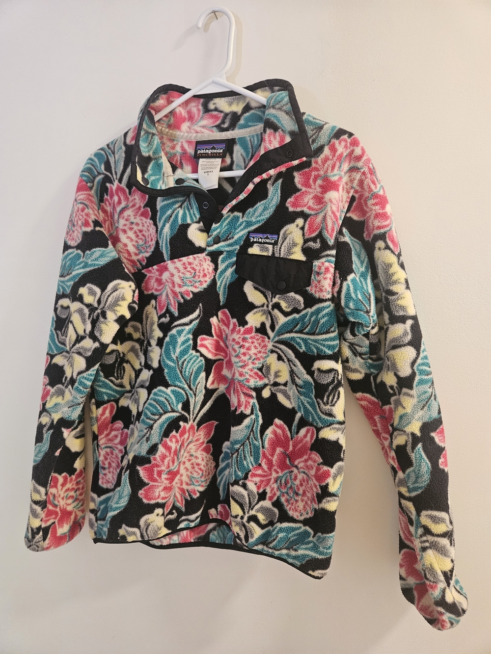 Patagonia Floral Snap-T Fleece Pullover - Black, Teal, Pink, Yellow